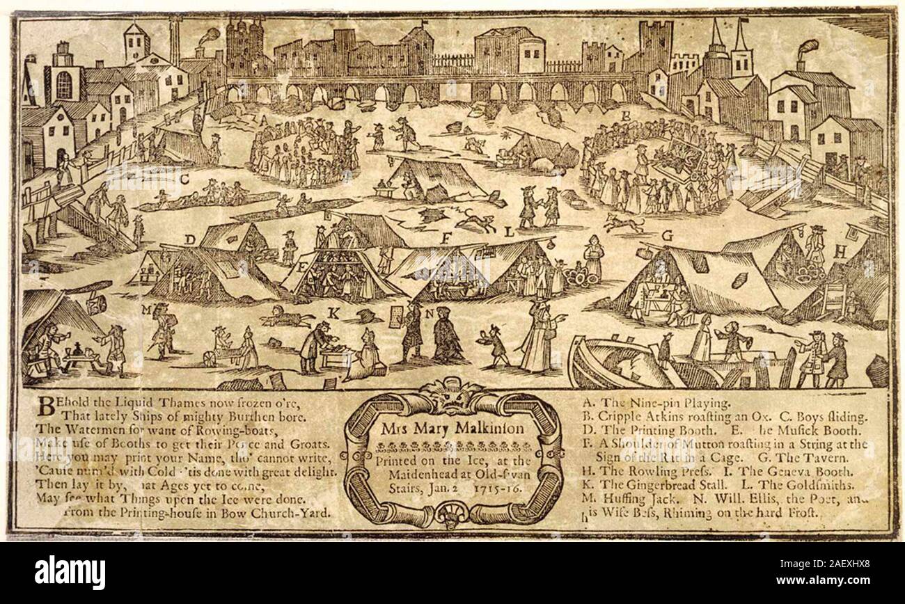 La fiera di brina sul fiume Tamigi nel 1715-1716 la xilografia che mostra i divertimenti disponibili sul ghiaccio. Foto Stock