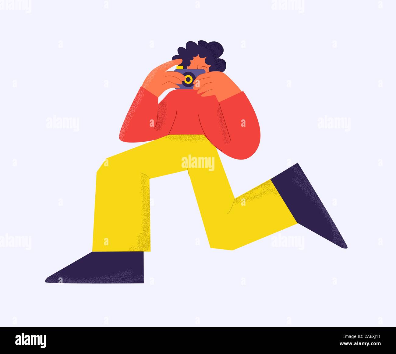 Funny maschio fotografo di moda in esecuzione prendendo foto utilizzando la fotocamera isolato a sfondo bianco Illustrazione Vettoriale