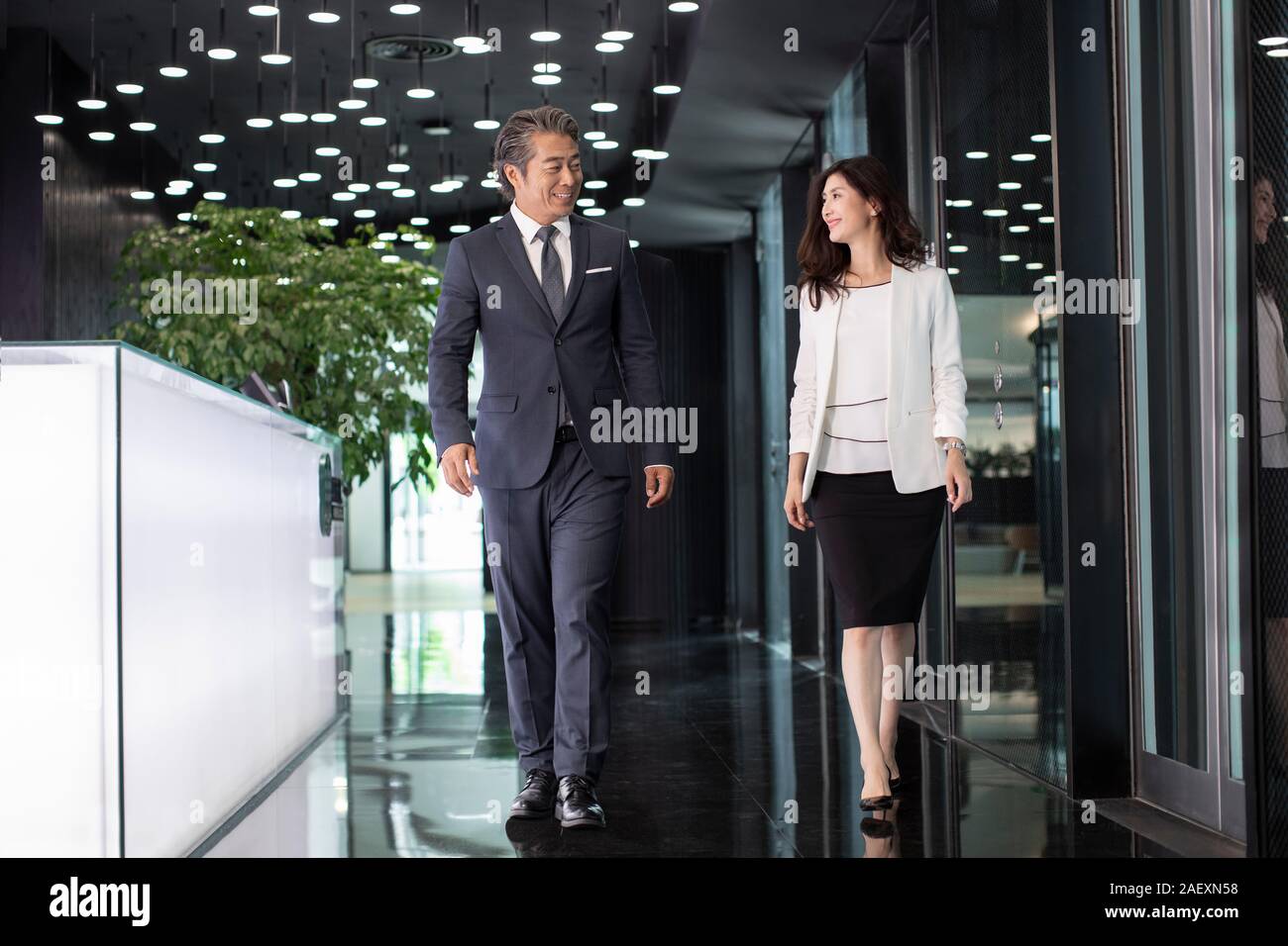 Due business di successo la gente camminare e parlare in lobby Foto Stock