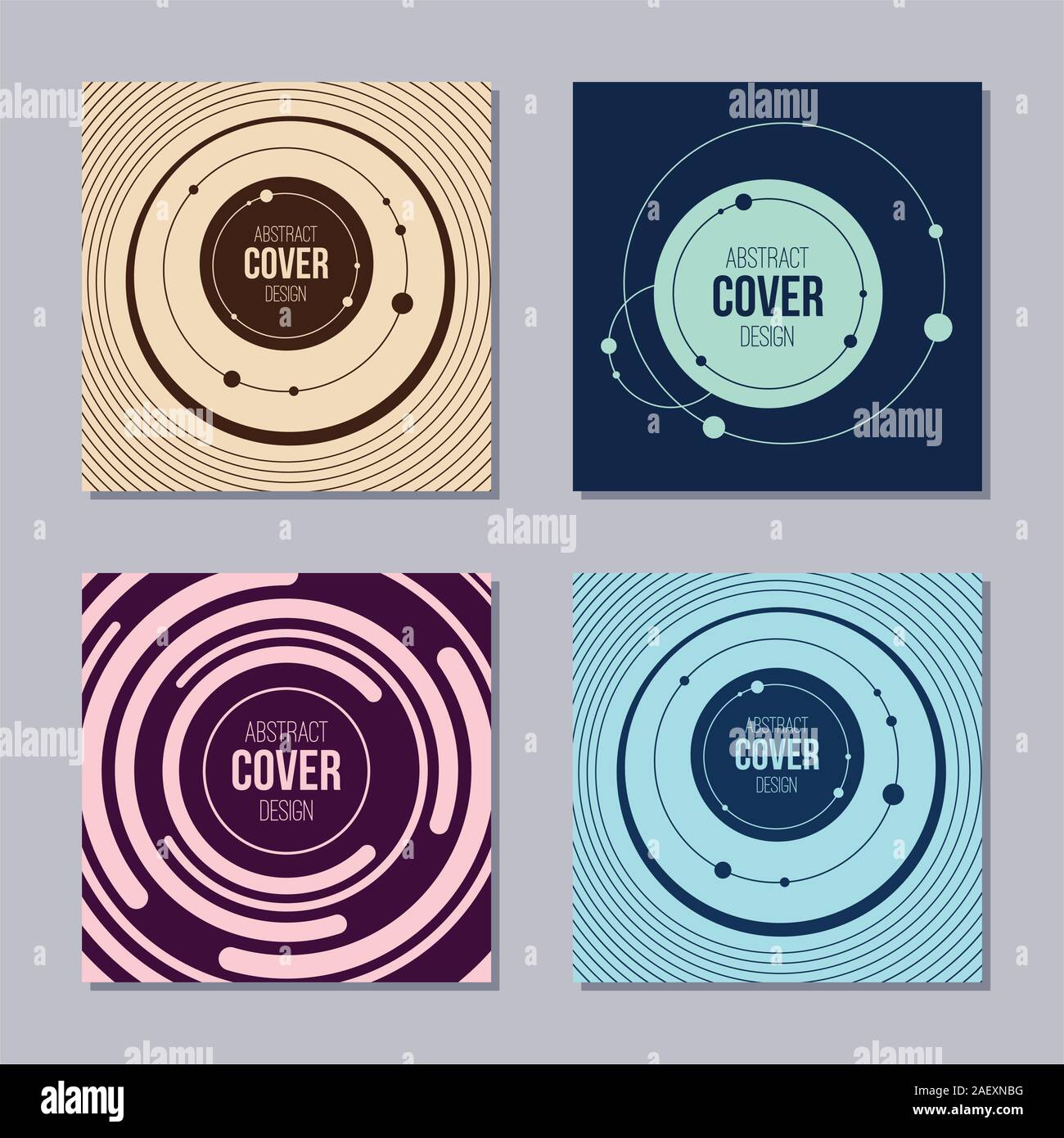 Set di quattro coperchi creativi. Abstract il sistema solare. I modelli geometrici. Applicabile per poster, cartelloni, coperture, Carte, volantini e disegni di banner. Illustrazione Vettoriale