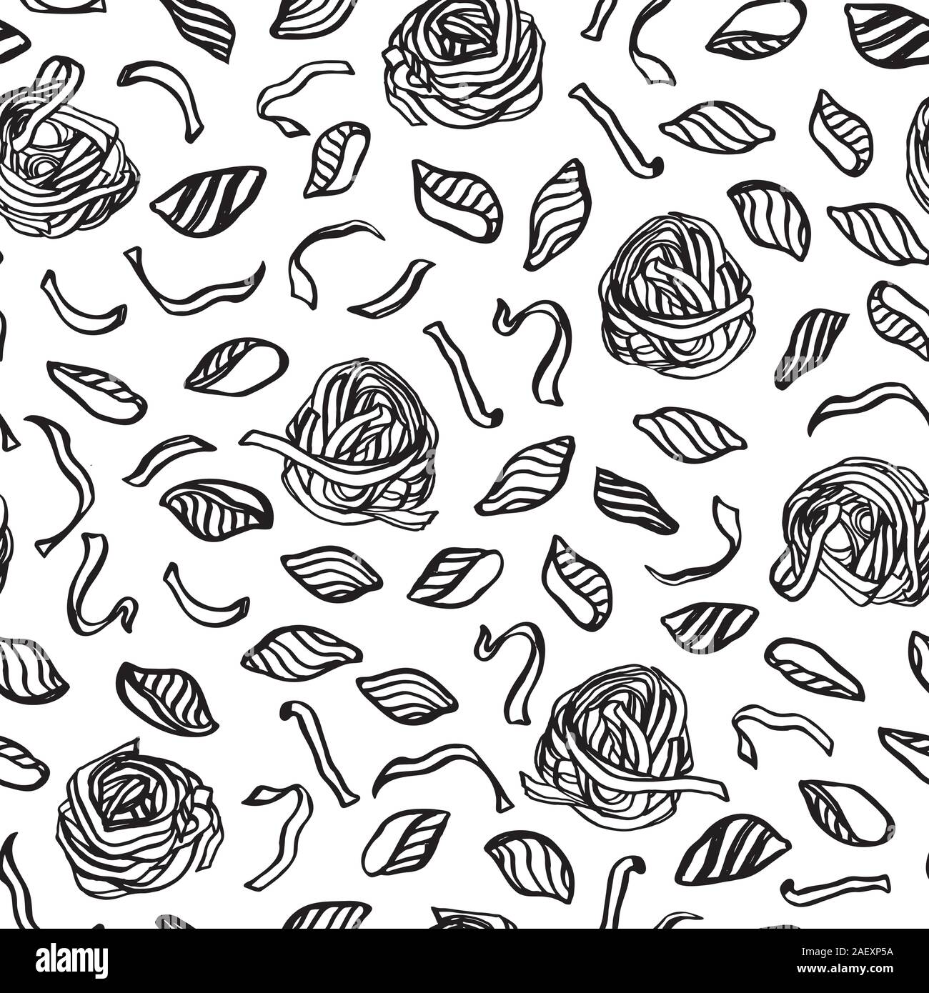 Vettore disegnati a mano doodle noodle pattern con pasta italiana e a base di noodle nido. In casa yummy design per il ristorante, cucina, scheda del menu, di cucina e di imballaggi alimentari. Illustrazione Vettoriale