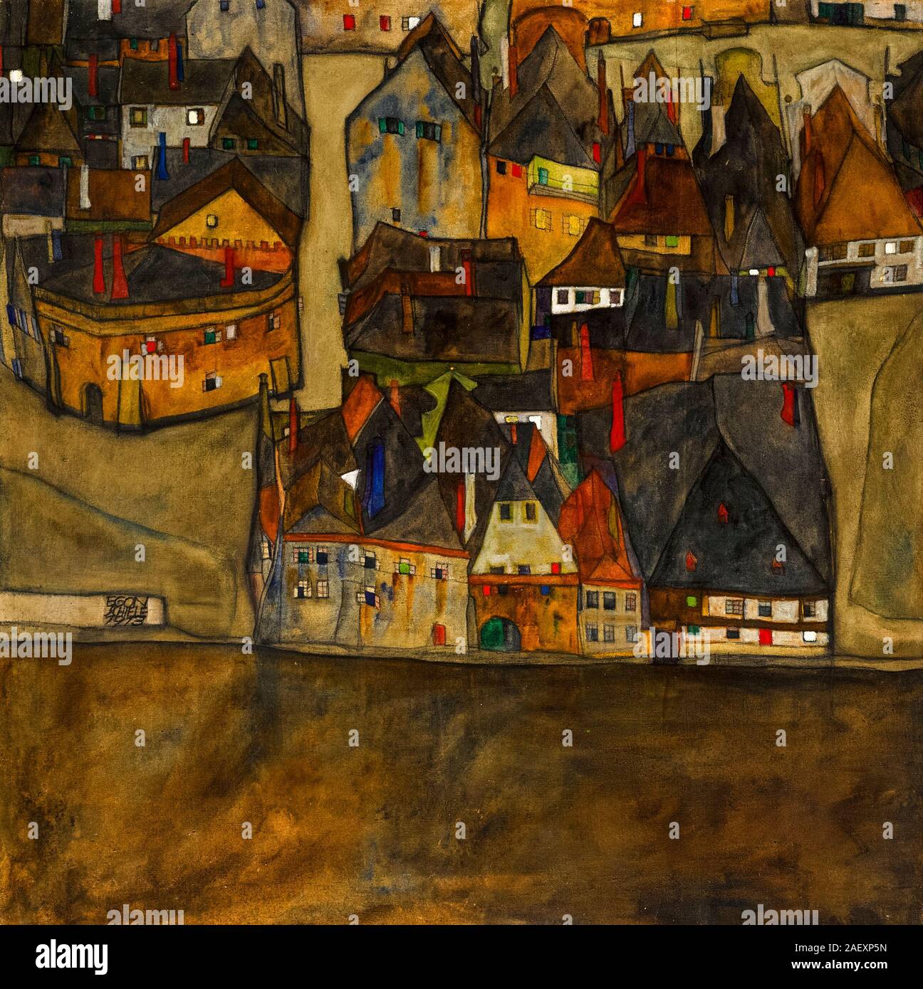 Egon Schiele, Dämmernde Stadt, (Die Kleine Stadt II), (città nel crepuscolo, la piccola città II), la pittura di paesaggio, 1913 Foto Stock