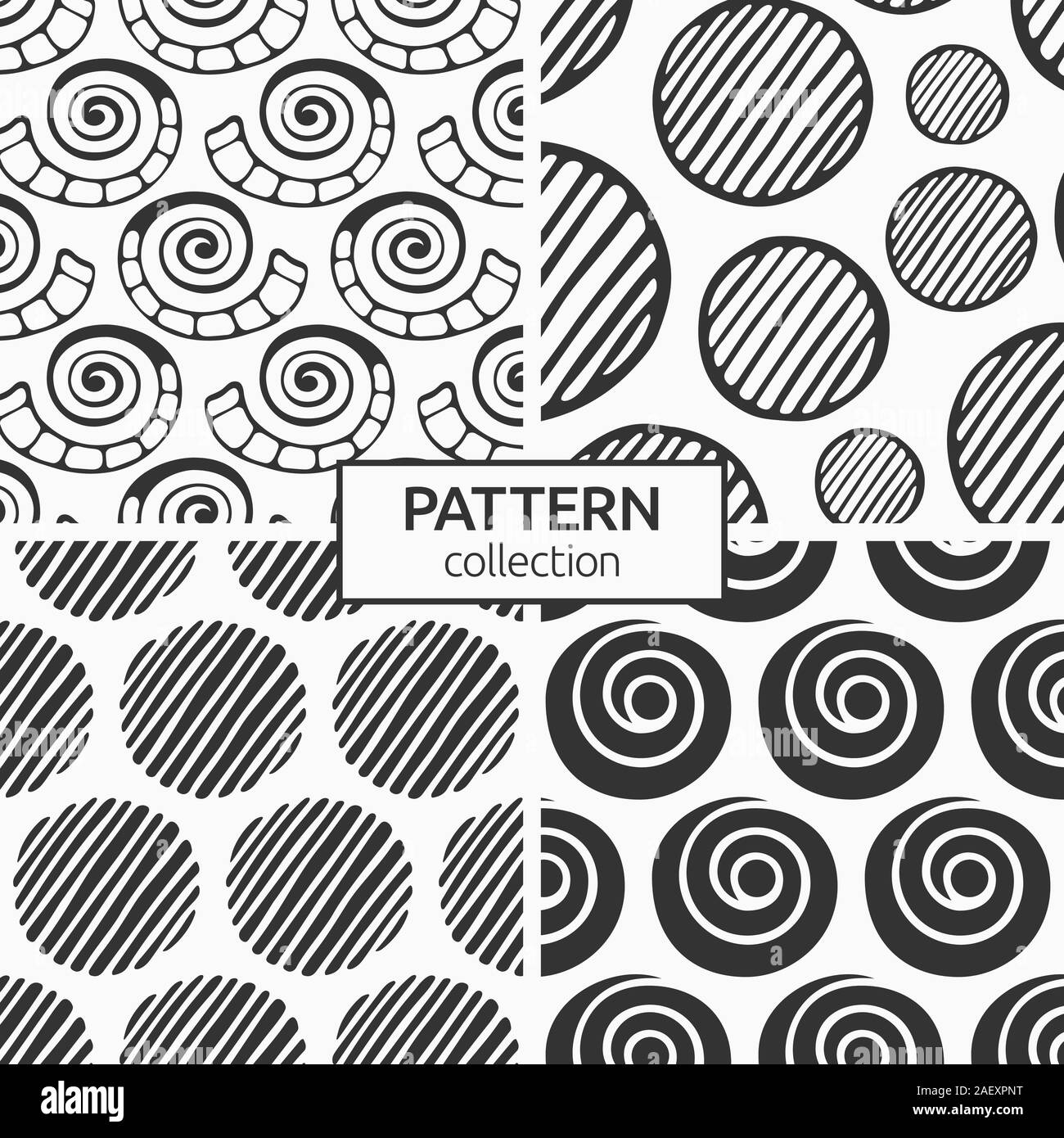 Set di quattro modelli senza giunture di disegnato a mano le forme naturali, conchiglie, spirali, a strisce cerchi. Forme geometriche ornamenti. Progettazione per la stampa; tessuto. Illustrazione Vettoriale