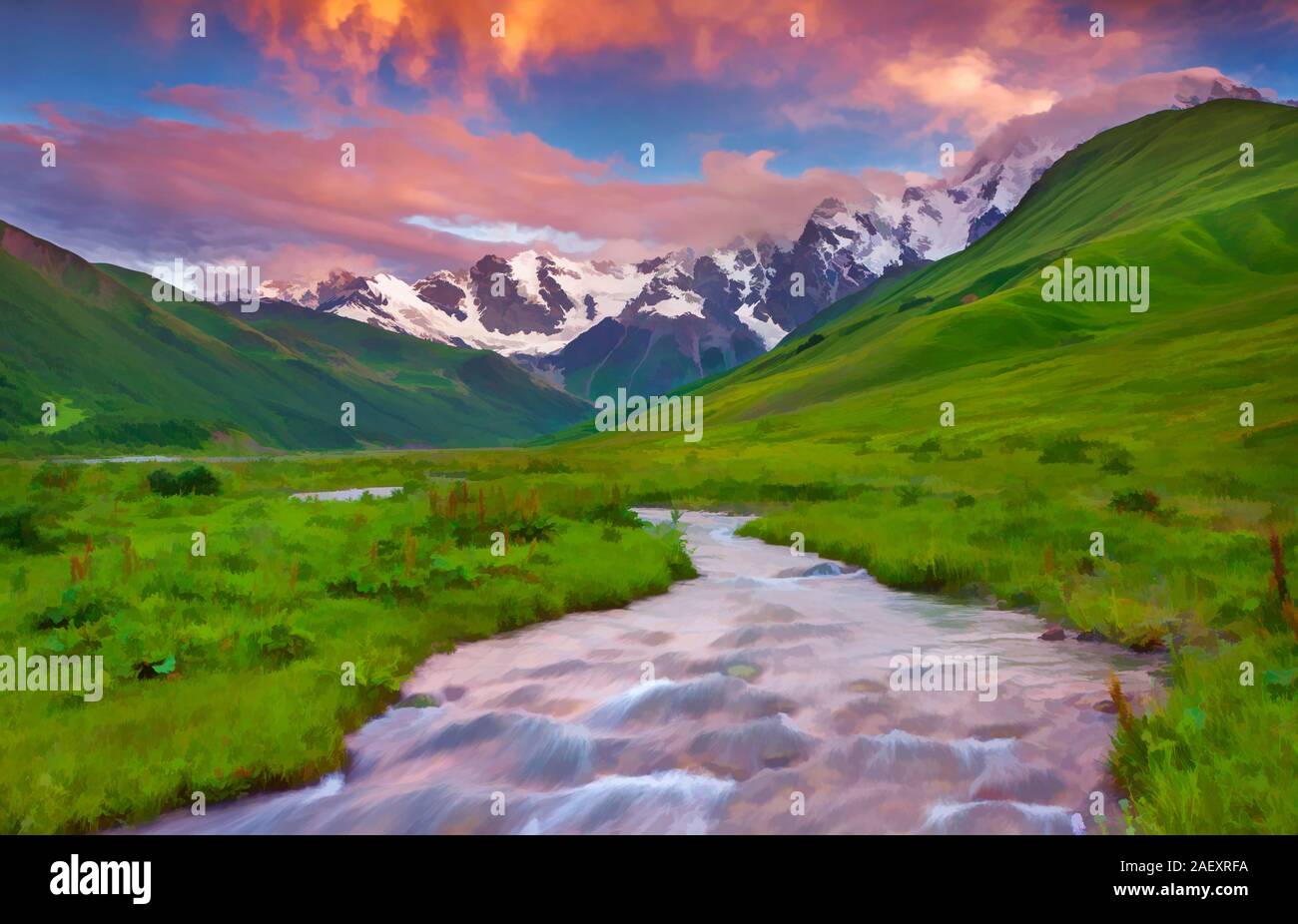 Illustrazione Di Digital in pittura ad acquerello stile. Fantastico tramonto in montagna. Foto Stock