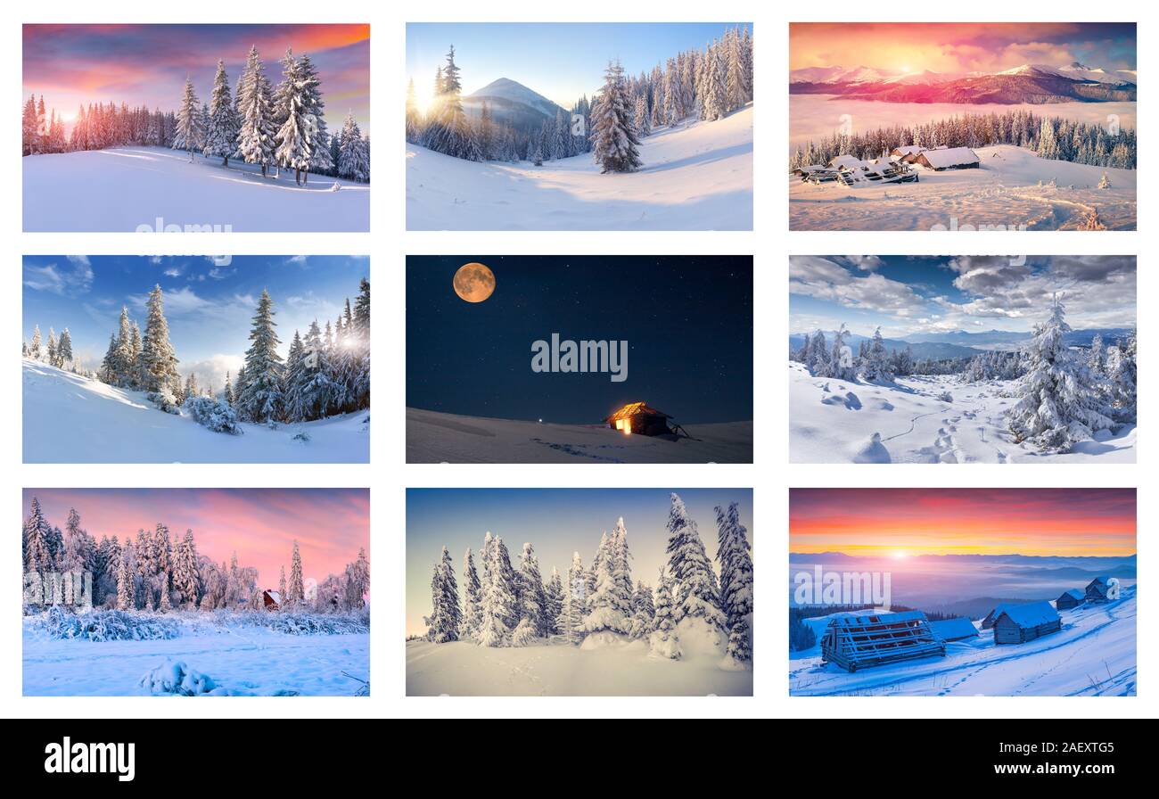 Inverno collage con 9 diversi paesaggi di Natale. Foto Stock