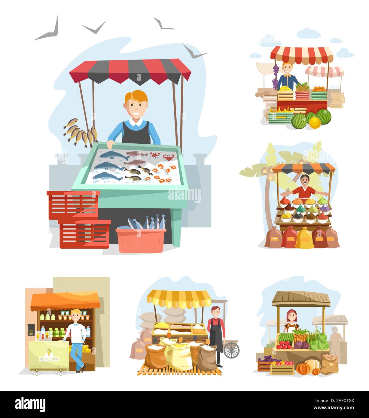 Agriturismo bancarelle e cabine con fornitori che offrono prodotti vari Illustrazione Vettoriale