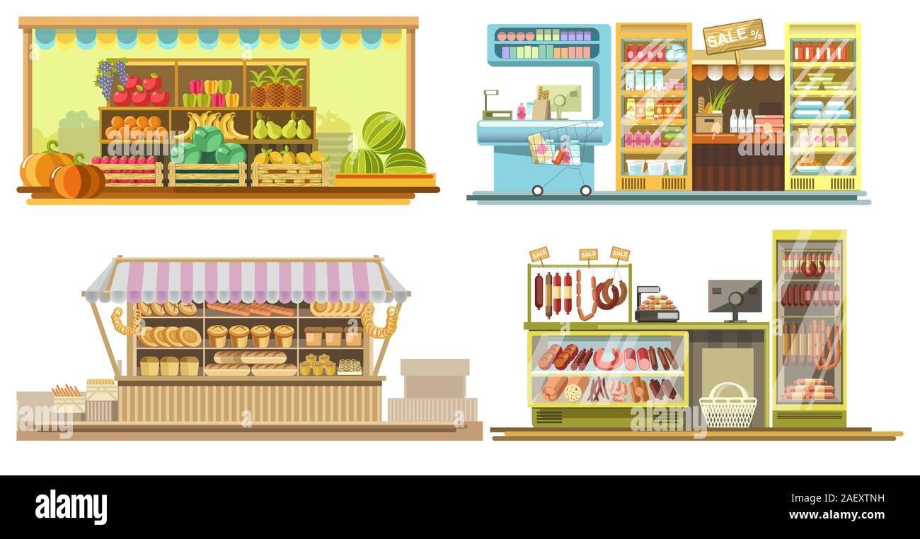 Cabine di cibo o negozio di alimentari interni con prodotti sul display Illustrazione Vettoriale