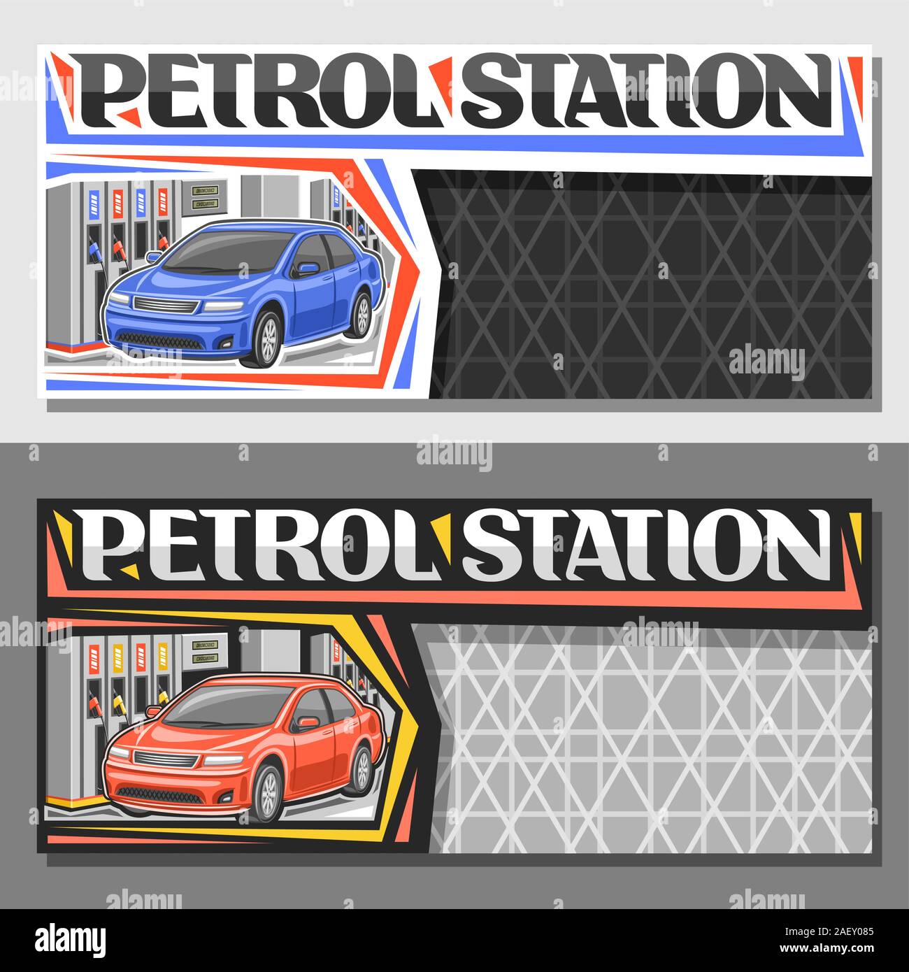 Formati vettoriali per la stazione di benzina con copia spazio banner orizzontale con illustrazione del blu e del rosso cars, riempimento benzina, lettering originale per Illustrazione Vettoriale