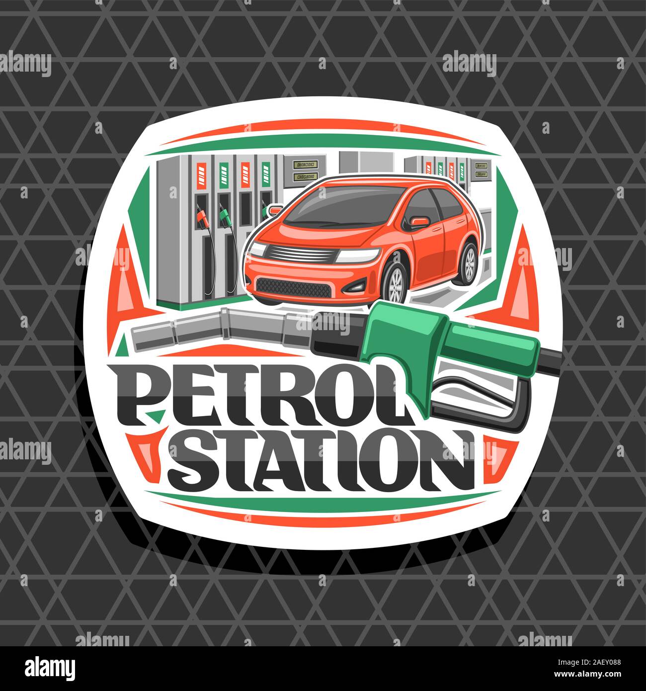 Il logo del vettore per la stazione di benzina, bianco monogramma decorativo con illustrazione delle auto rossa, riempimento benzina, verde automatico pompa carburante ugello, lett originale Illustrazione Vettoriale