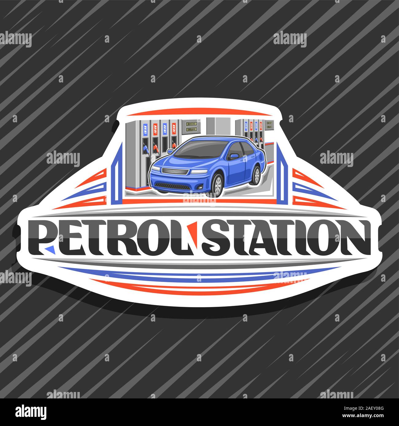 Il logo del vettore per la stazione di benzina, bianco monogramma decorativo con illustrazione di auto blu, riempimento benzina, icona creative con originali scritte per parola Illustrazione Vettoriale
