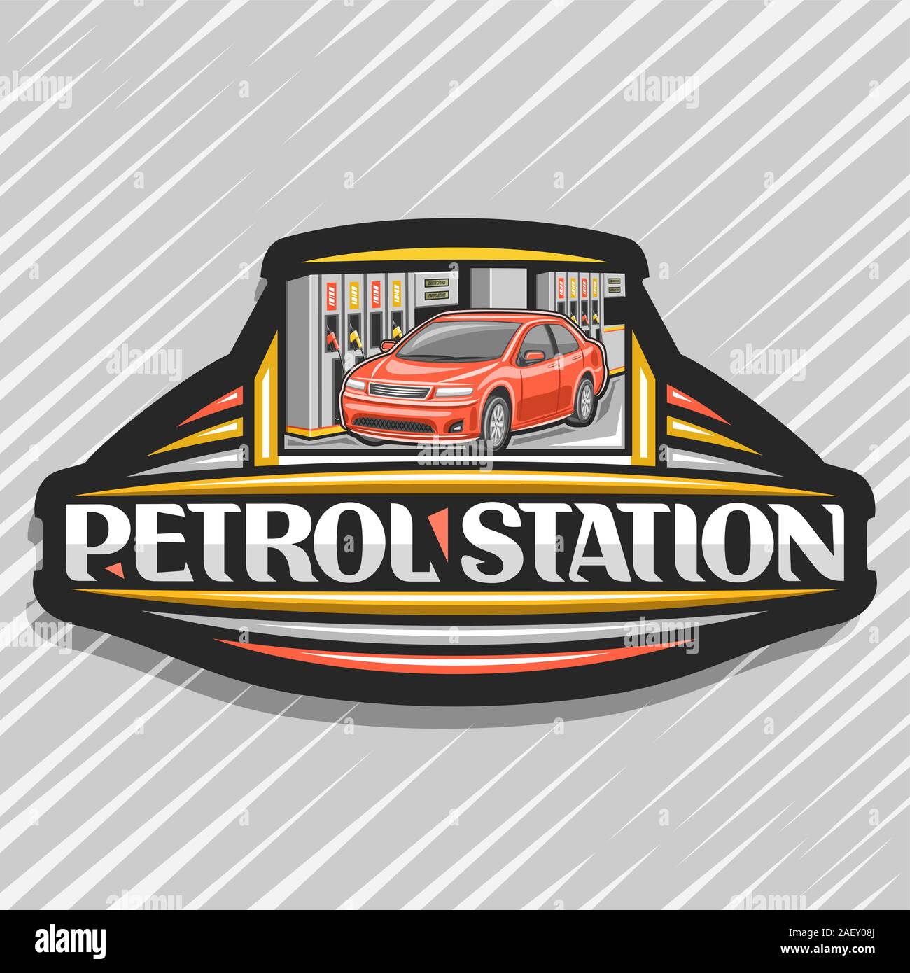 Il logo del vettore per la stazione di benzina, nero tag decorativo con illustrazione delle auto rossa, riempimento benzina, creative cartello con la scritta originale per wo Illustrazione Vettoriale