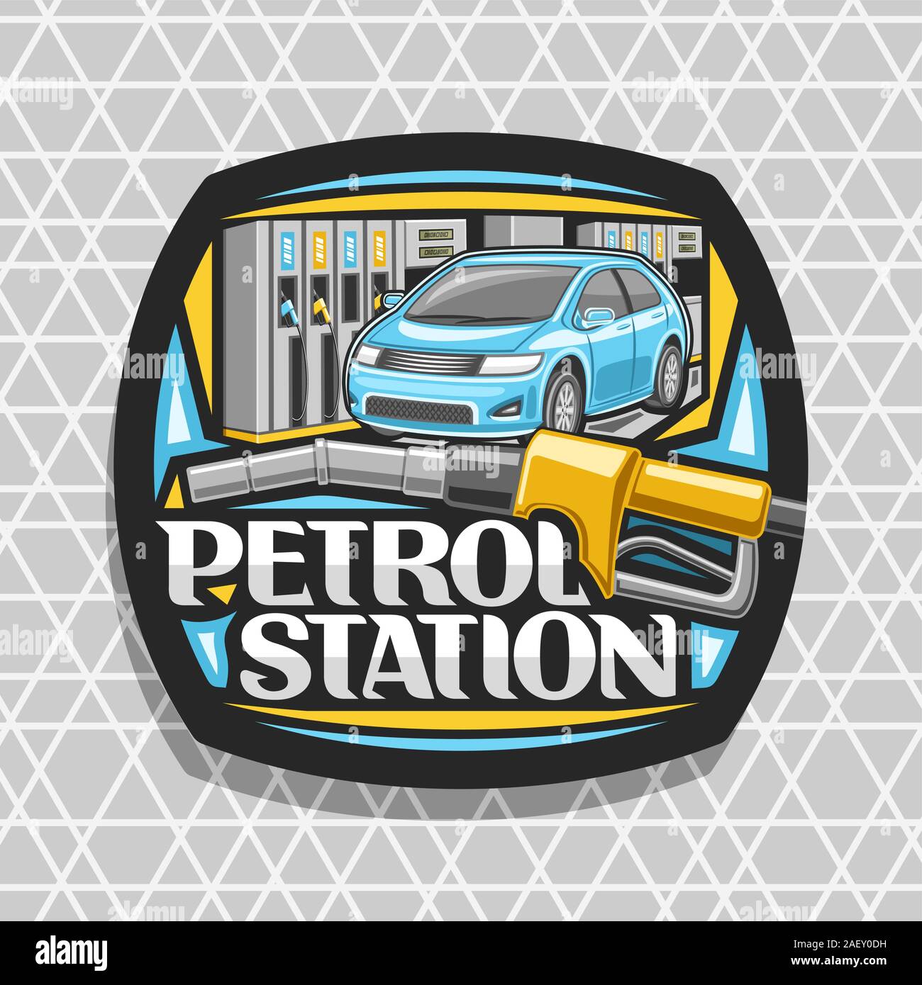 Il logo del vettore per la stazione di benzina, nero decorativo con badge blu auto cartoon, riempimento benzina, giallo automatico pompa carburante ugello, lettering originale Illustrazione Vettoriale