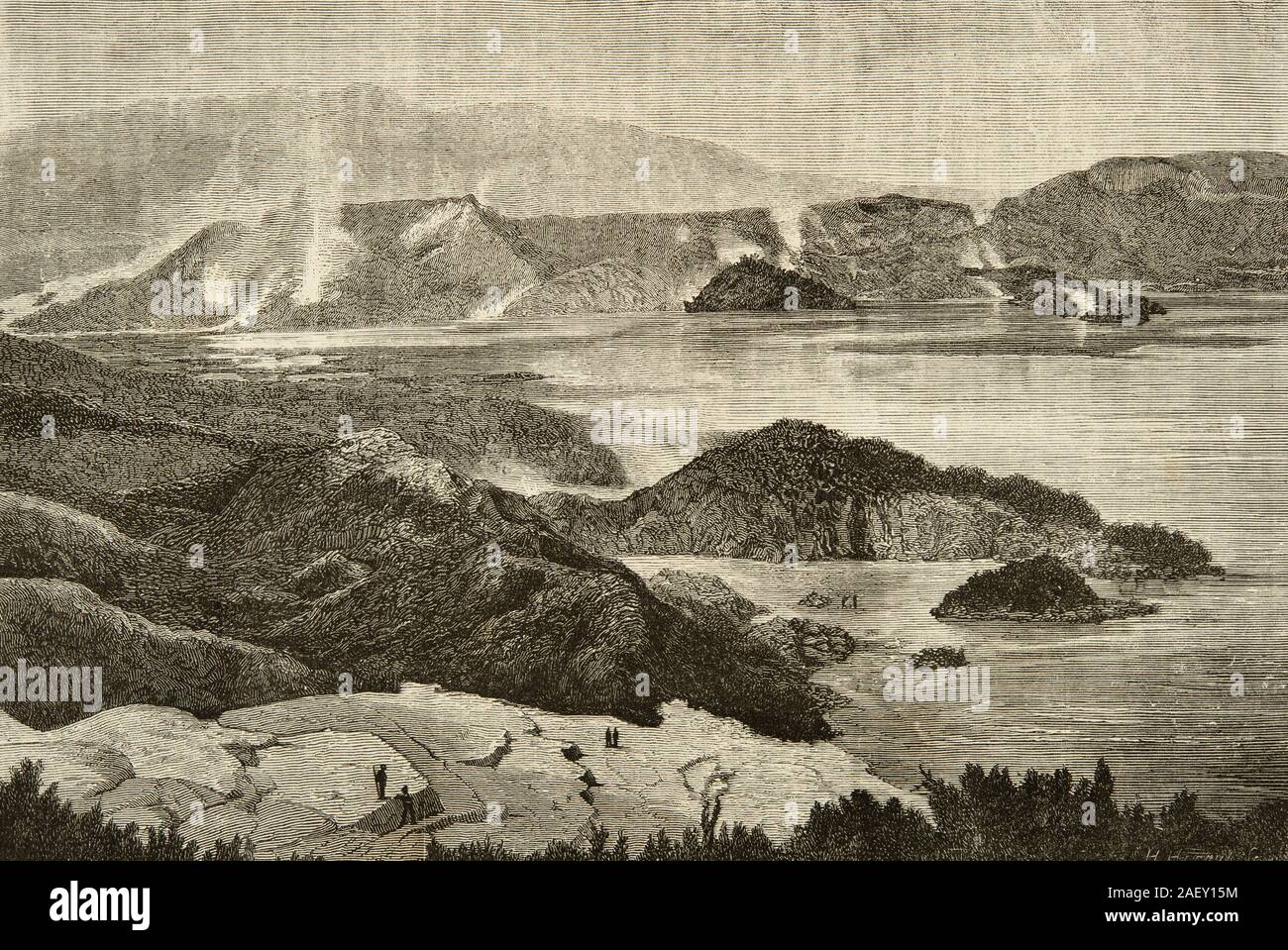 Incisione , i laghi a caldo della Nuova Zelanda , Lago di Rotamahana Foto Stock