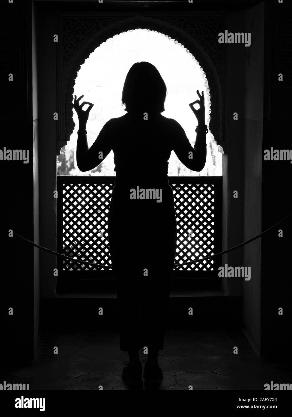 Silhouette di turista facendo mudra segno, Nasrid Palace, Alhambra di Granada, provincia di Granada, Spagna Foto Stock