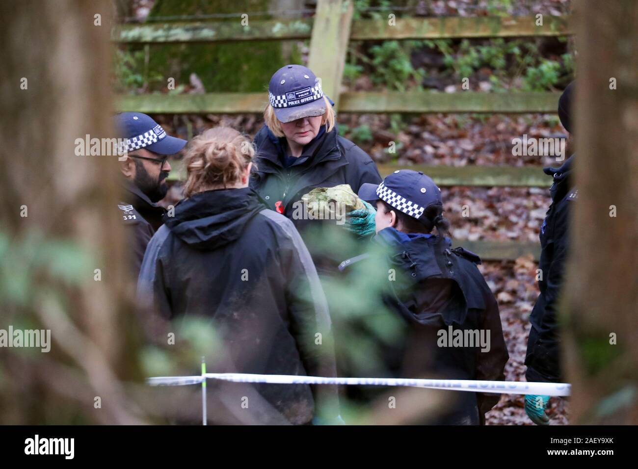 La polizia forensics team cerca fossi e boschi in un sito vicino a Hedgerley Lane a nord dell'autostrada M40 in Hedgerley, Buckinghamshire. Foto Stock