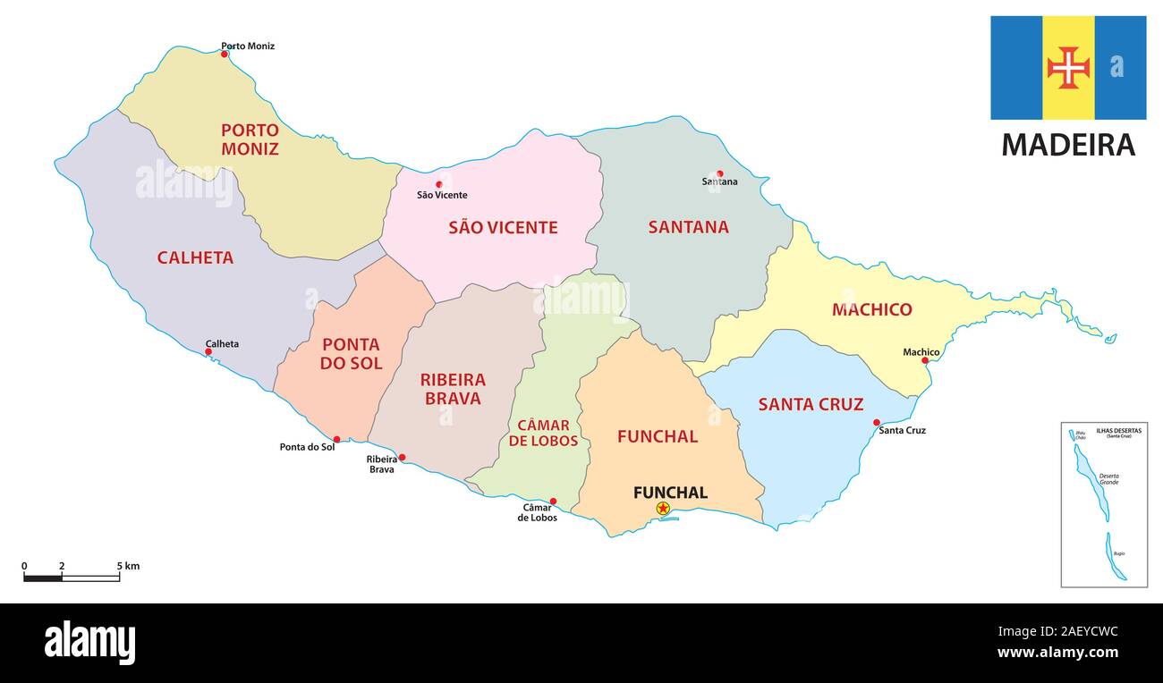 Mappa amministrativa dell'isola portoghese di Madeira con bandiera Illustrazione Vettoriale