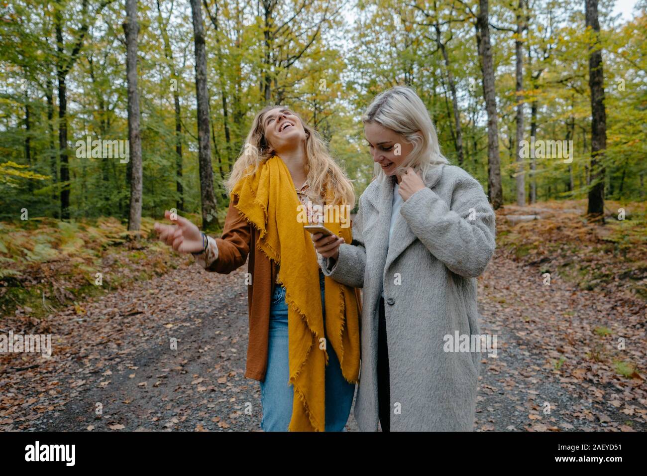Due donna ridere dopo la visione di un video divertente su Instagram Foto Stock