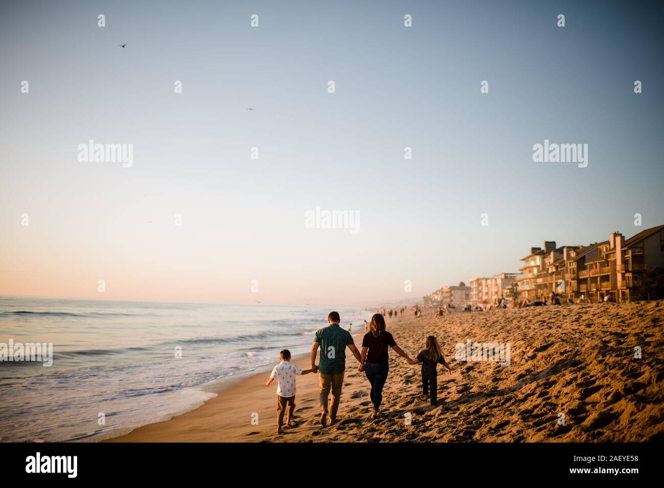 Famiglia di quattro persone a piedi sulla spiaggia, tenendo le mani al tramonto Foto Stock