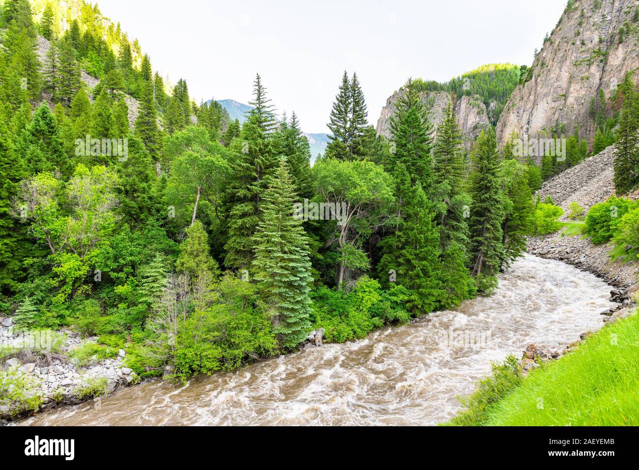 Strada autostrada 133 in Redstone, Colorado durante il periodo estivo con infuriano crystal river e alberi verdi angolo ampio paesaggio ad alto angolo di visione Foto Stock