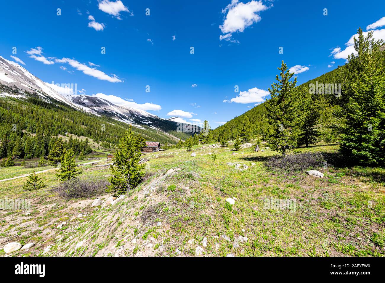 Indipendenza Pass città mineraria un ampio angolo di visione di cabine in White River National Forest in Colorado con verde di pini e neve picchi di montagna Foto Stock