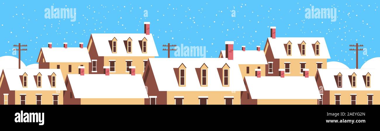 Case di inverno con la neve sui tetti snowy village street buon Natale felice anno nuovo bigliettino orizzontale piana closeup illustrazione vettoriale Illustrazione Vettoriale