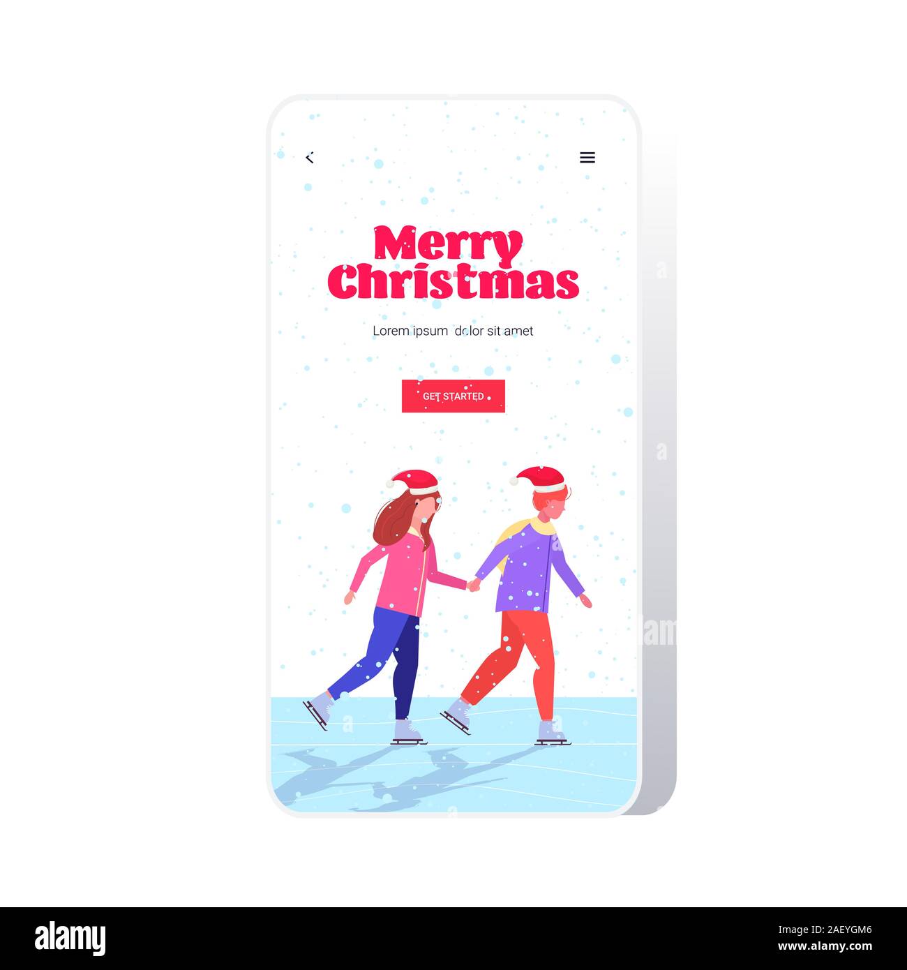 Giovane a pattinare sulla pista di pattinaggio su ghiaccio sport invernali attività buon natale vacanze di capodanno concetto uomo donna in cappelli di Babbo Natale di trascorrere del tempo insieme lo schermo dello smartphone online mobile app a lunghezza piena illustrazione vettoriale Illustrazione Vettoriale
