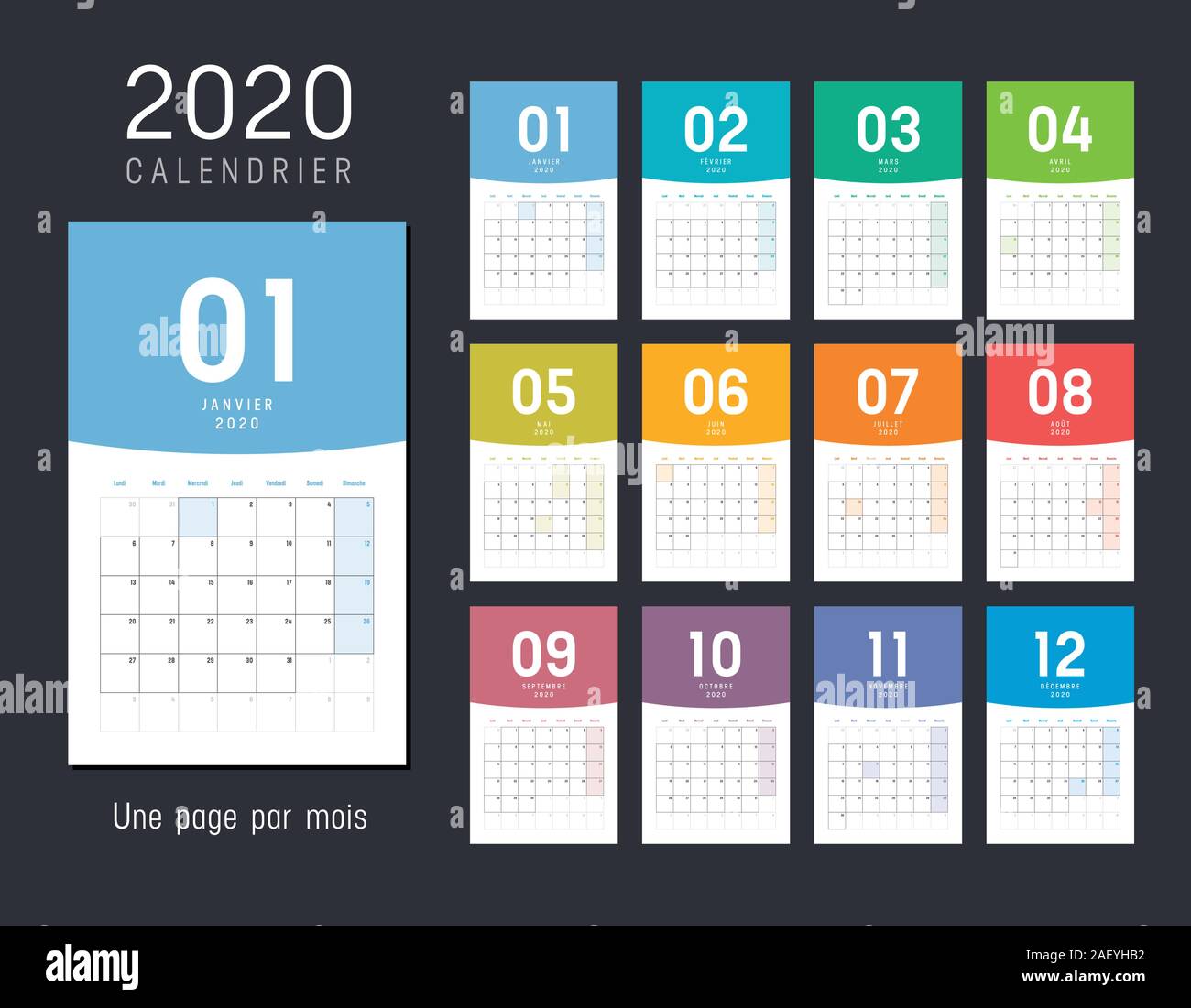 Anno 2020 mensile calendario desk, in lingua francese. Template vettoriale. Illustrazione Vettoriale