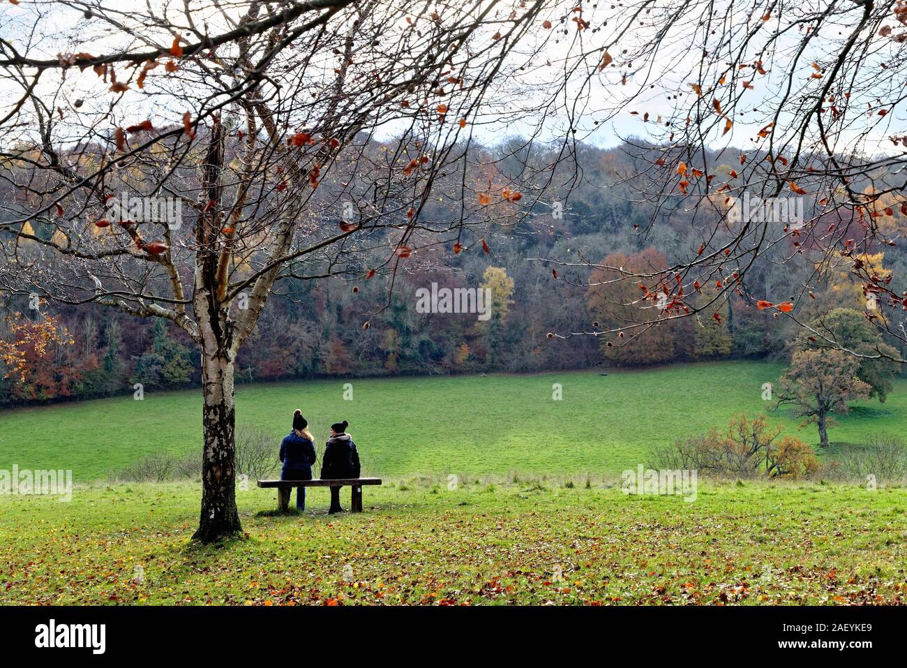 Due donne di mezza età seduto sul sedile cercando di fronte a un paesaggio invernale nel Surrey Hills in comune Ranmore vicino a Dorking England Regno Unito Foto Stock