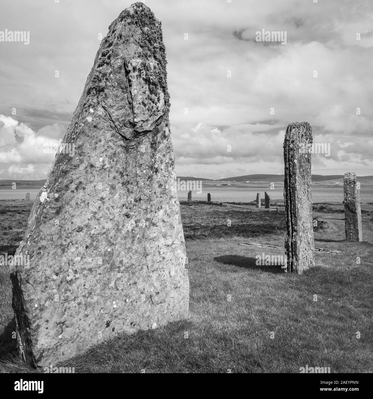 Pietre permanente dell'anello di Brodgar, situato nei pressi del Ness di Brodgar, Orkney Foto Stock