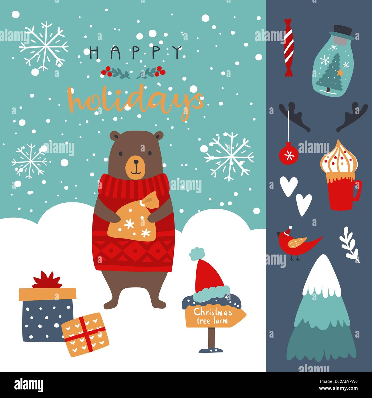 Anno nuovo biglietto di auguri con orso , scatole regalo , i fiocchi di neve e iscrizione delle vacanze felici . Vettore di natale Illustrazione Vettoriale