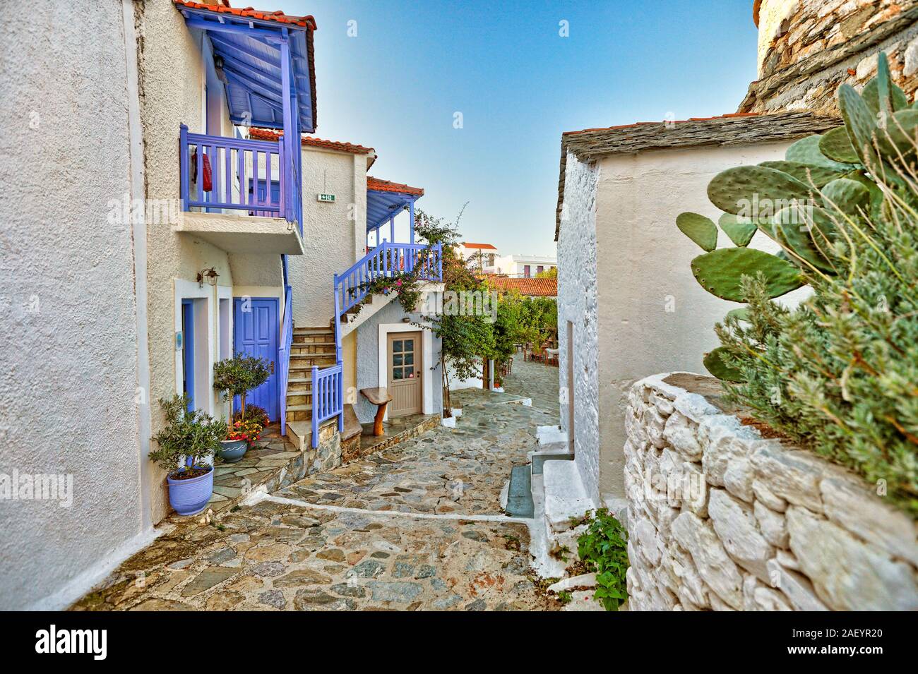 Vicolo pittoresco nella vecchia Chora di Alonissos Island, Grecia Foto Stock