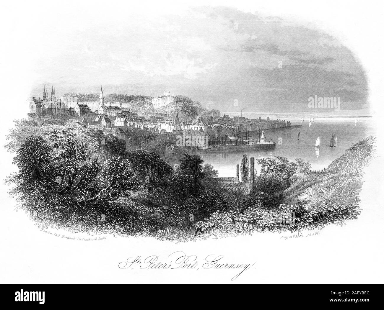 Una incisione di St Peter Port, (St Peter Port Guernsey) datata 15 luglio 1843 scansionati ad alta risoluzione. Ritiene copyright free. Foto Stock
