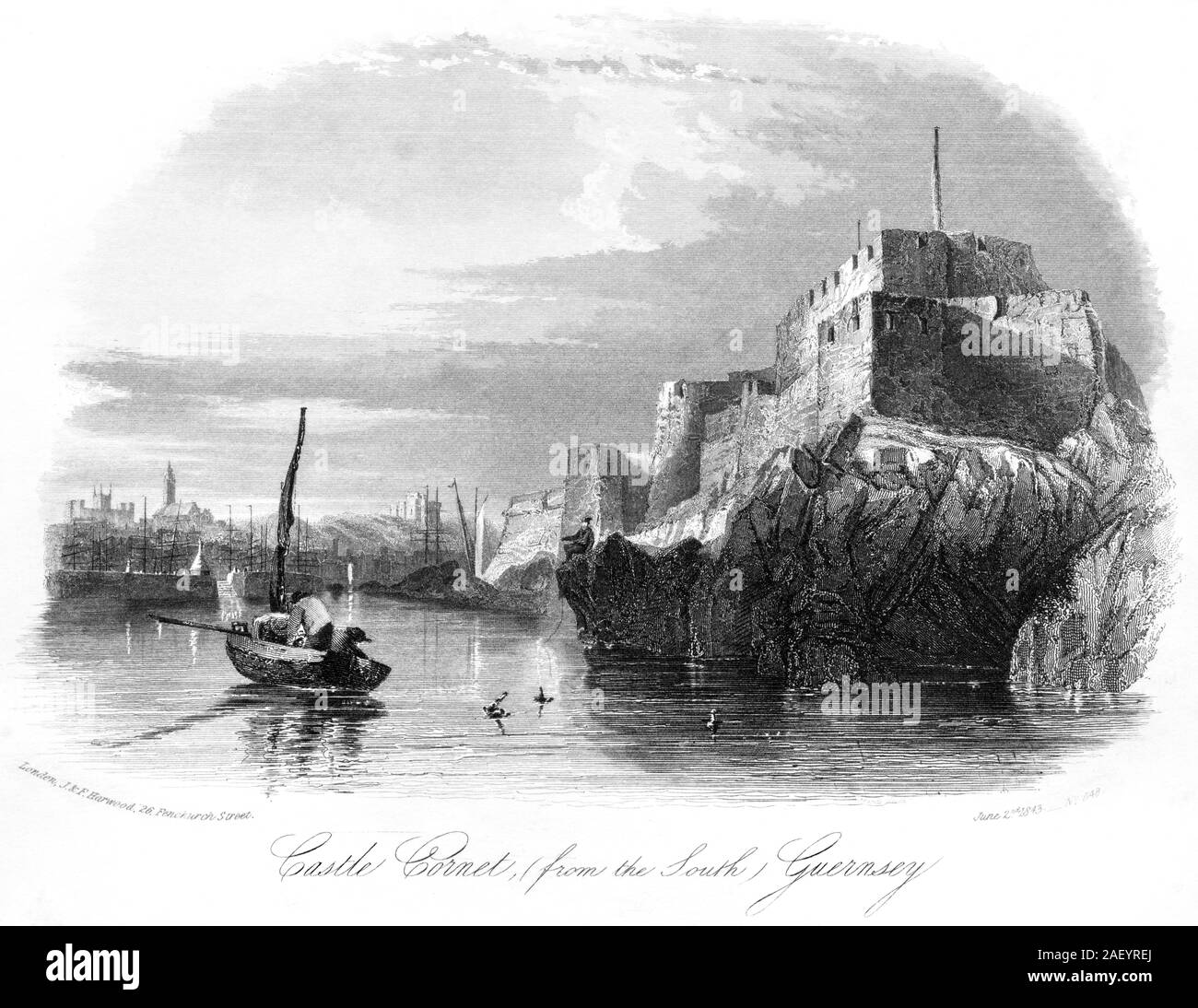 Un'incisione di Castle Cornet (dal Sud) (St Peter Port) Guernsey UK datata 2 Giugno 1843 scansionata ad alta risoluzione. Creduto libero di copyright. Foto Stock