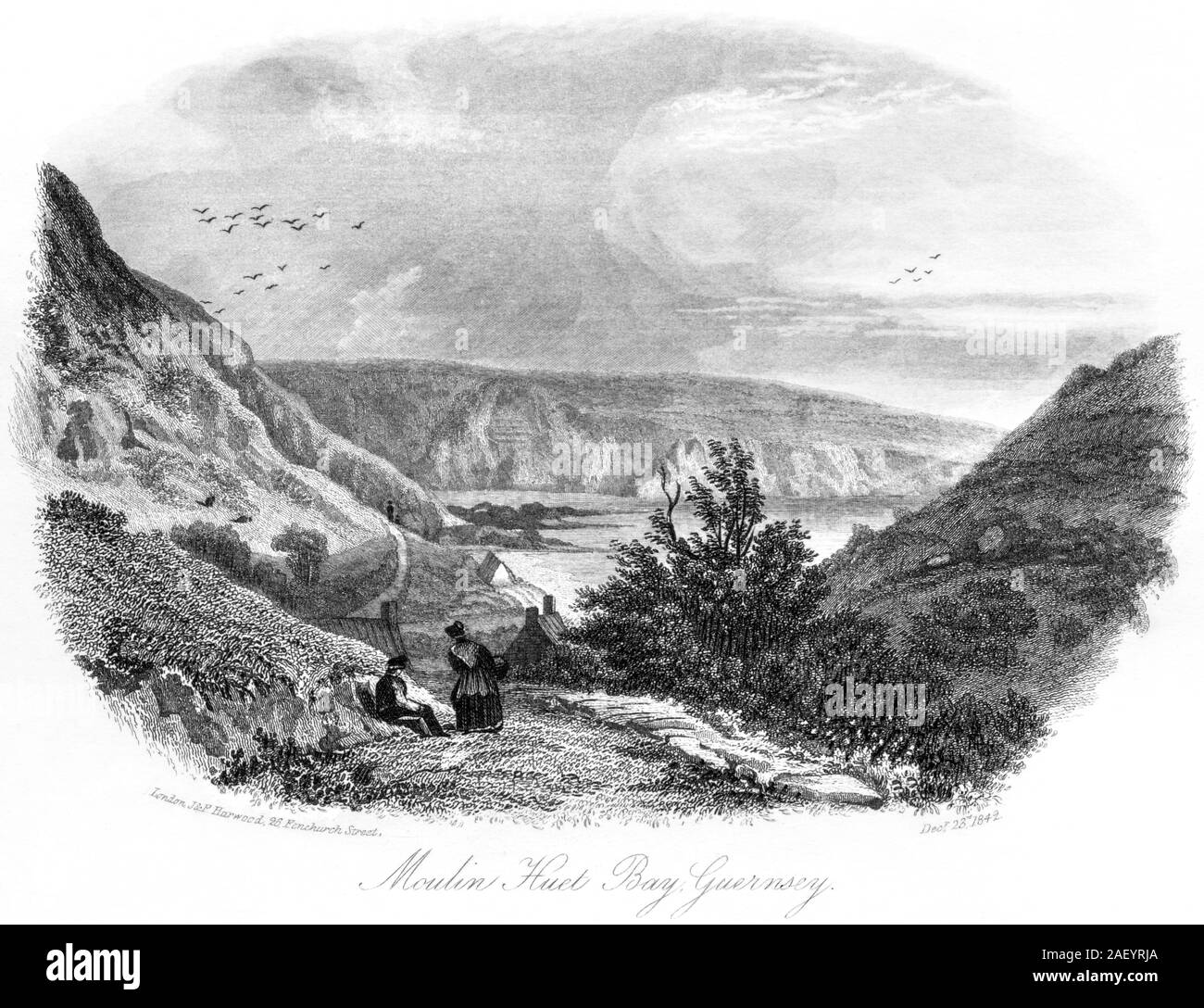 Una incisione di Moulin Huet Bay, Guernsey datata 23 dicembre 1842 scansionati ad alta risoluzione. Ritiene copyright free. Foto Stock