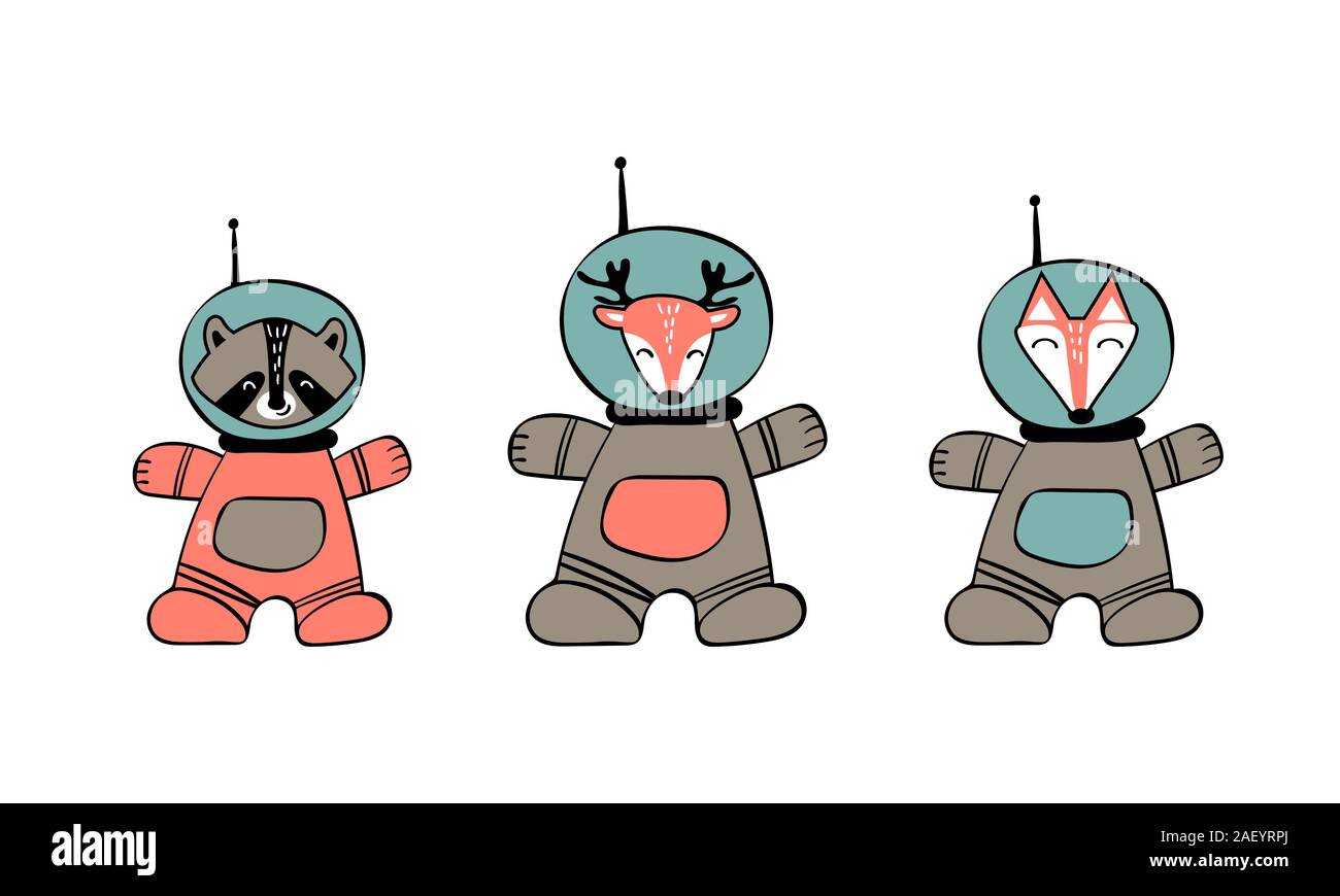Impostare con simpatici animali nello spazio. Disegnata a mano fox, raccoon e cervi in spacesuits isolati su sfondo bianco. Illustrazione Vettoriale. Illustrazione Vettoriale