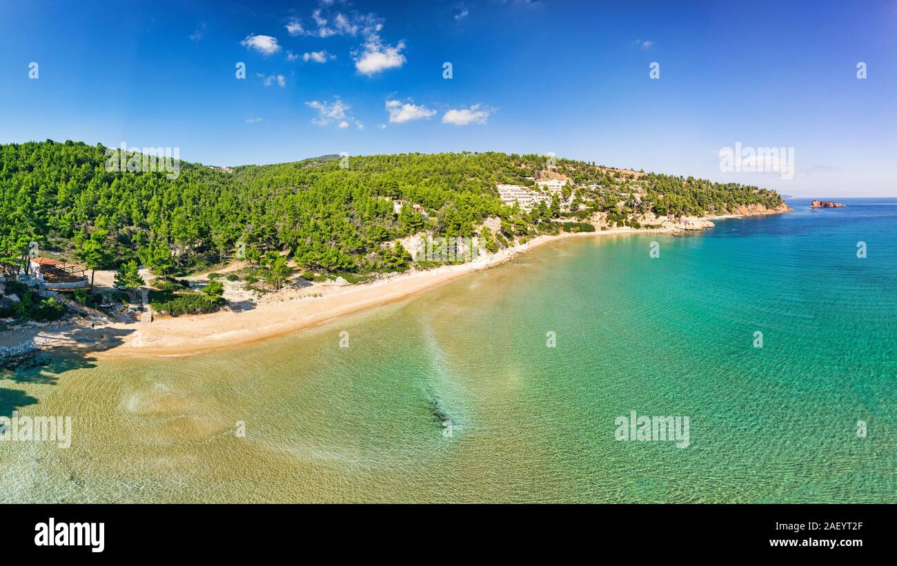 La spiaggia Chrisi Milia di Alonissos isola da fuco vista, Grecia Foto Stock