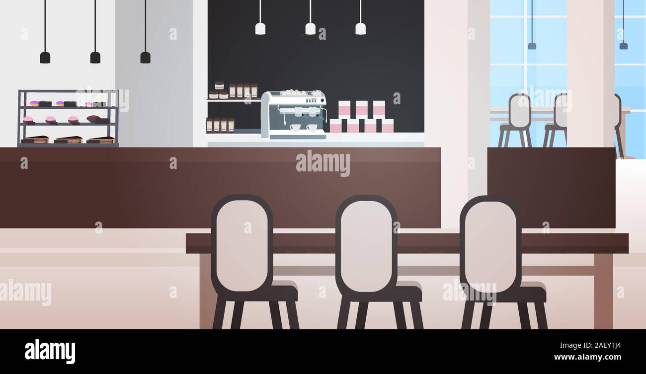 Moderno cafe' interno vuoto nessun popolo il ristorante o la caffetteria con mobili orizzontali illustrazione vettoriale Illustrazione Vettoriale