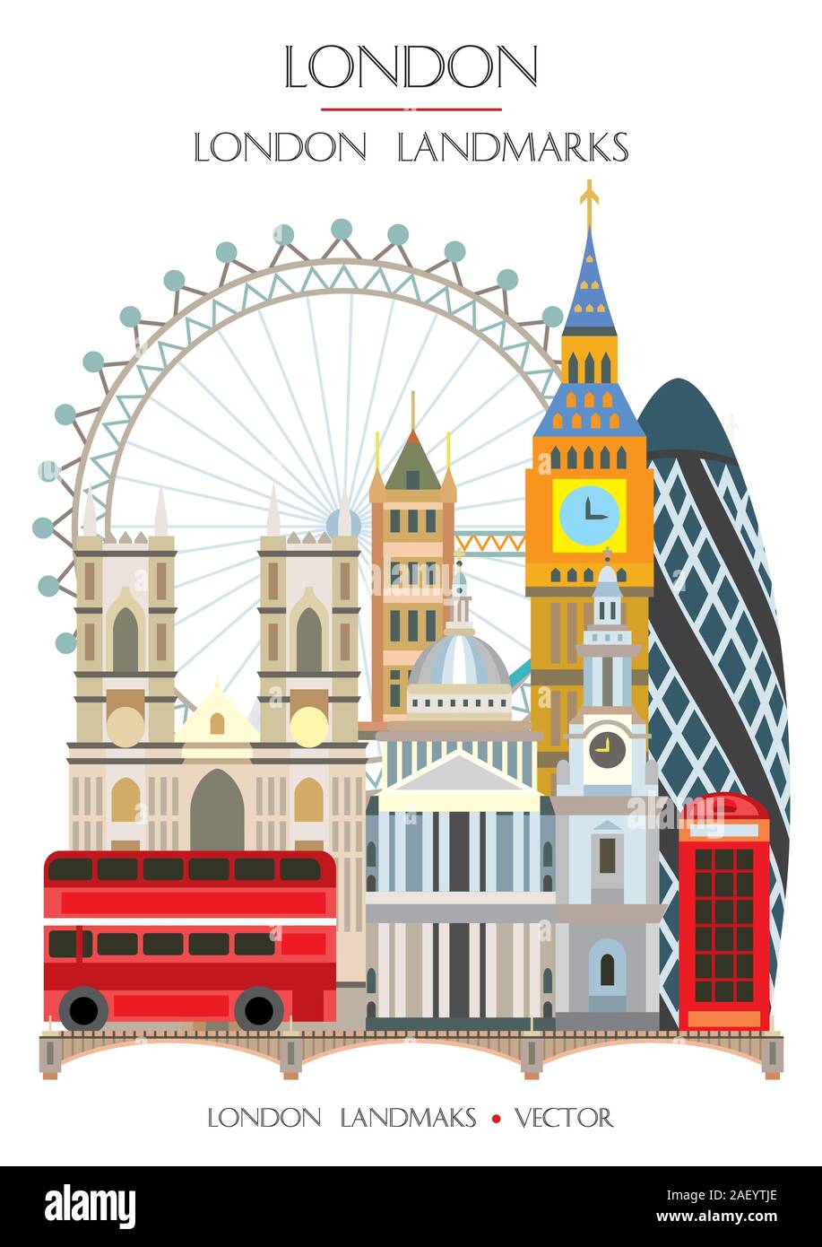 Colorata illustrazione vettoriale famosi punti di riferimento di Londra, Inghilterra. Illustrazione di vettore isolato su sfondo bianco. Illustrazione di stock Illustrazione Vettoriale