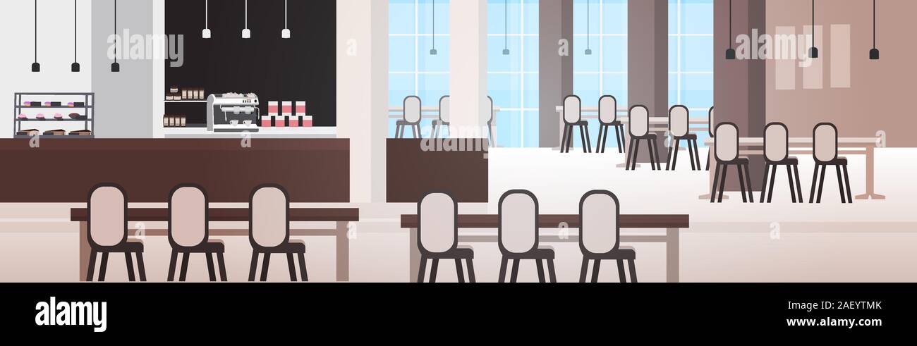 Moderno cafe' interno vuoto nessun popolo il ristorante o la caffetteria con mobili orizzontali illustrazione vettoriale Illustrazione Vettoriale