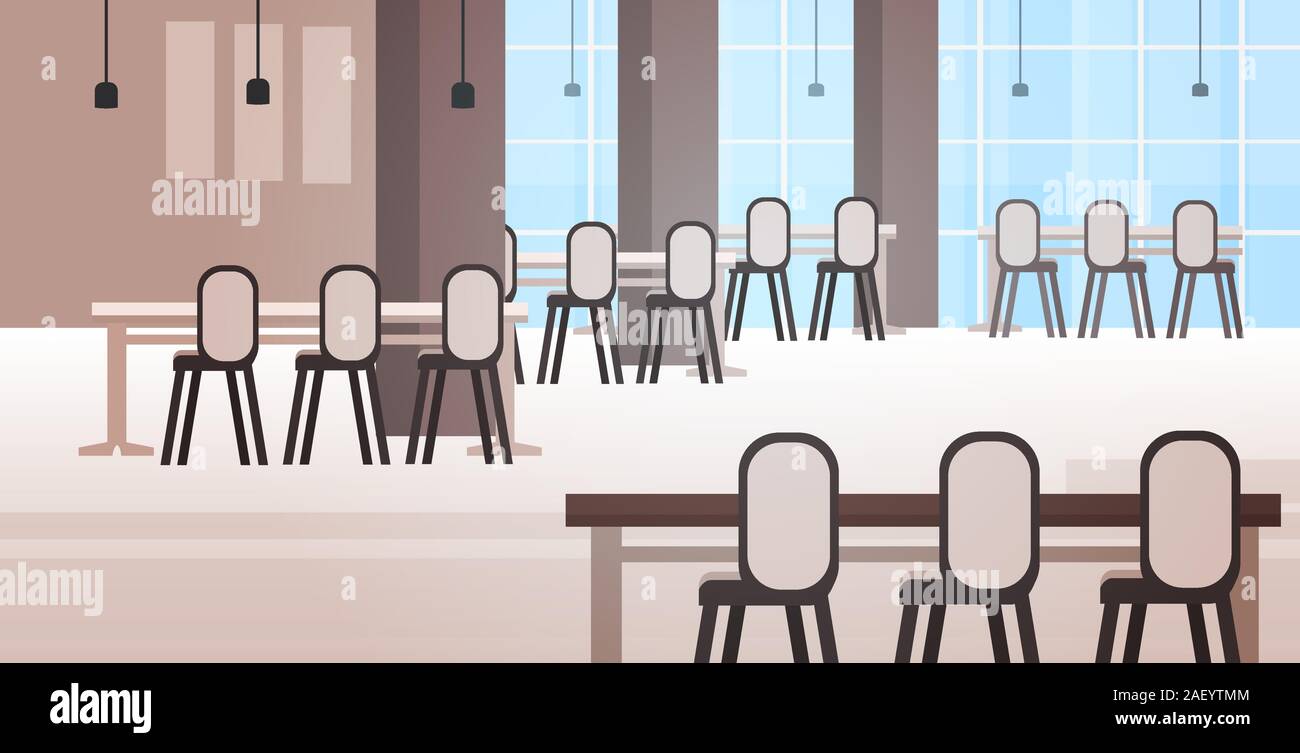 Moderno cafe' interno vuoto nessun popolo ristorante con mobili orizzontali illustrazione vettoriale Illustrazione Vettoriale