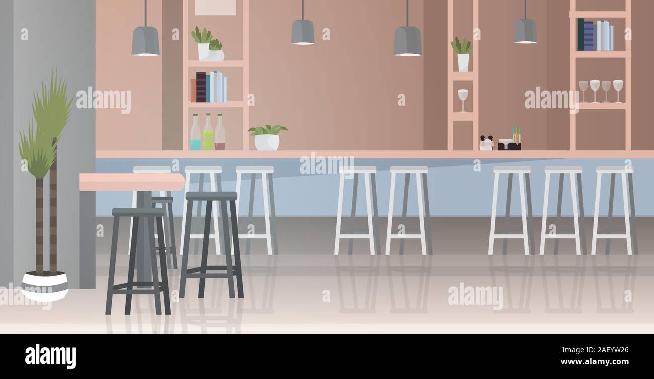 Moderno cafe' interno vuoto nessun popolo ristorante con mobili orizzontali illustrazione vettoriale Illustrazione Vettoriale