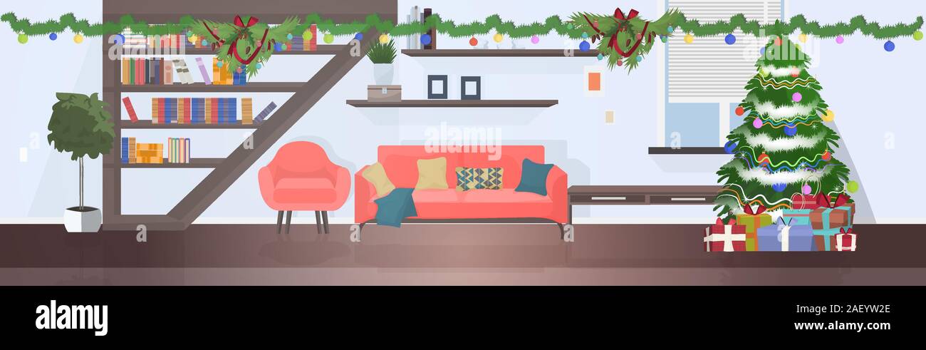 Soggiorno moderno con abete buon Natale felice anno nuovo vacanze invernali celebrazione concept home orizzontale interna illustrazione vettoriale Illustrazione Vettoriale