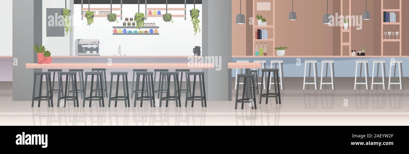 Moderno cafe' interno vuoto nessun popolo ristorante con mobili orizzontali illustrazione vettoriale Illustrazione Vettoriale
