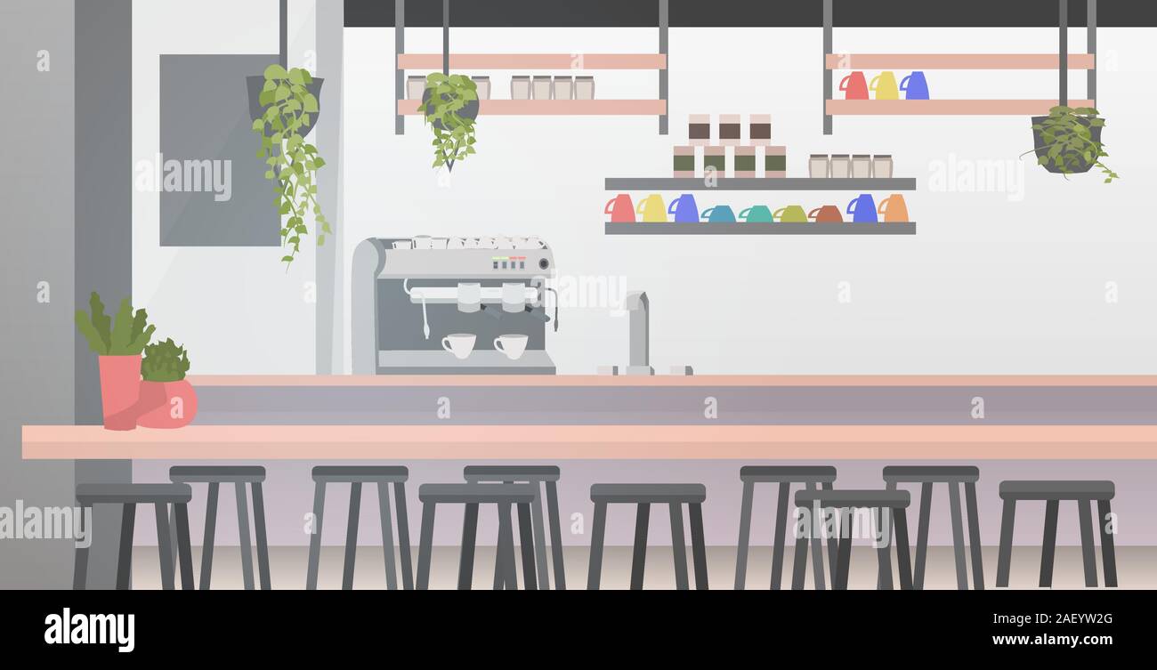 Moderno cafe' interno vuoto nessun popolo ristorante con mobili orizzontali illustrazione vettoriale Illustrazione Vettoriale