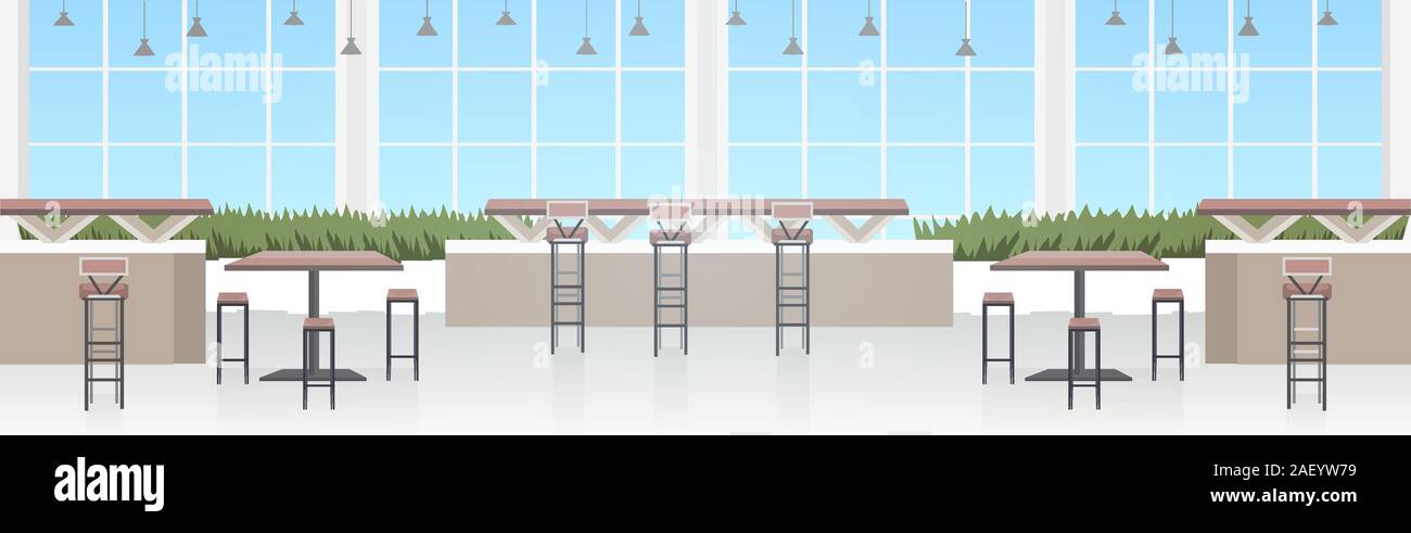 Moderno cafe' interno vuoto nessun popolo ristorante con mobili orizzontali illustrazione vettoriale Illustrazione Vettoriale