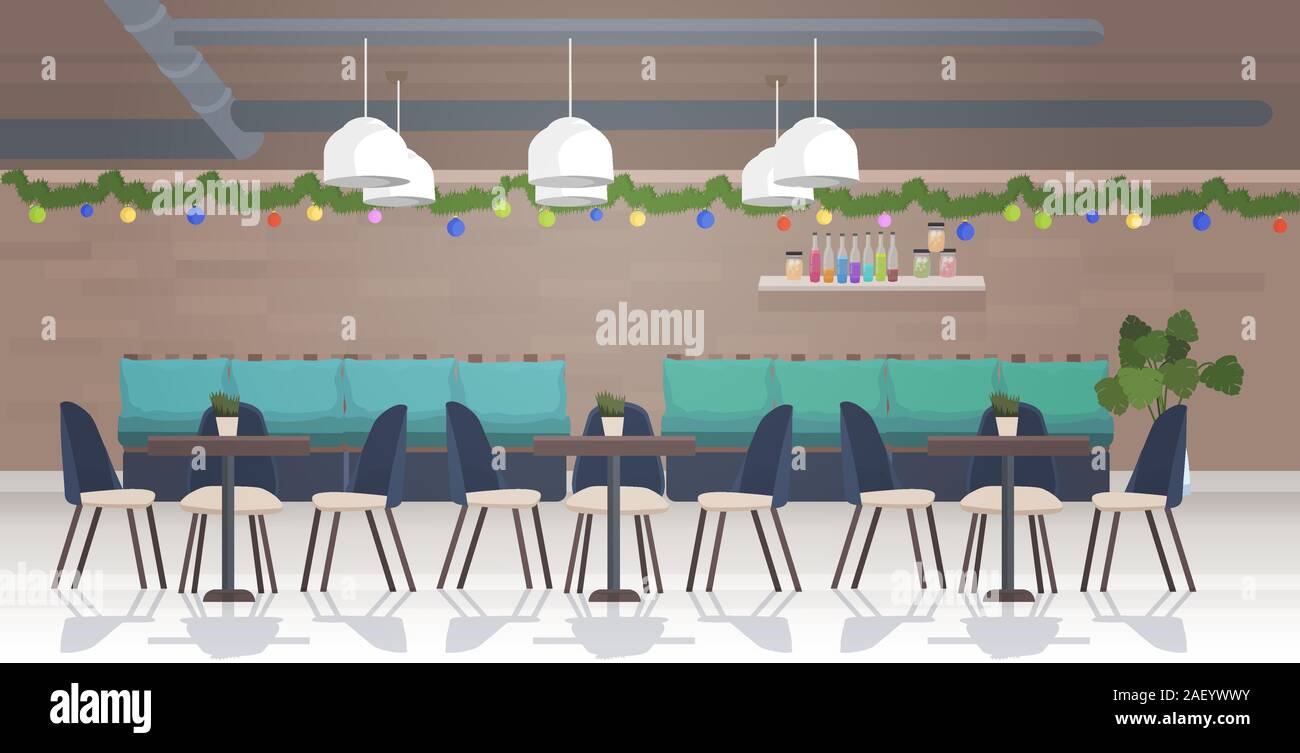 Ristorante decorato per il buon Natale e felice anno nuovo vacanze celebrazione moderno Cafe' orizzontale interna illustrazione vettoriale Illustrazione Vettoriale
