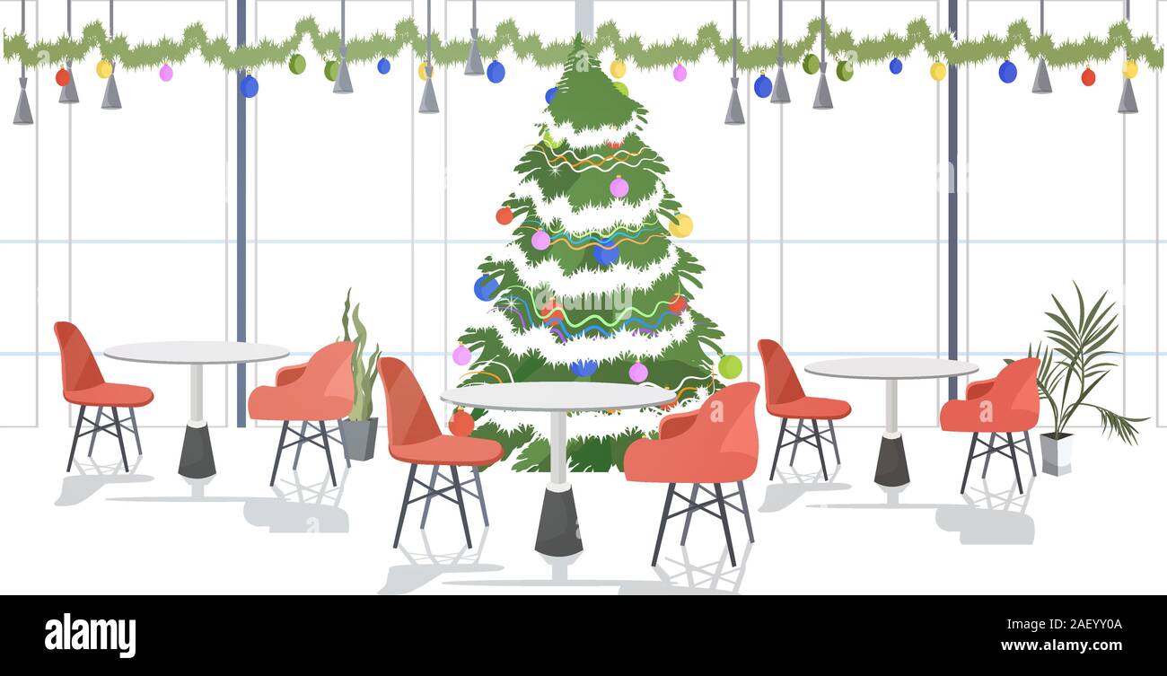 Ristorante decorato per il buon Natale e felice anno nuovo vacanze celebrazione moderno Cafe' orizzontale interna illustrazione vettoriale Illustrazione Vettoriale