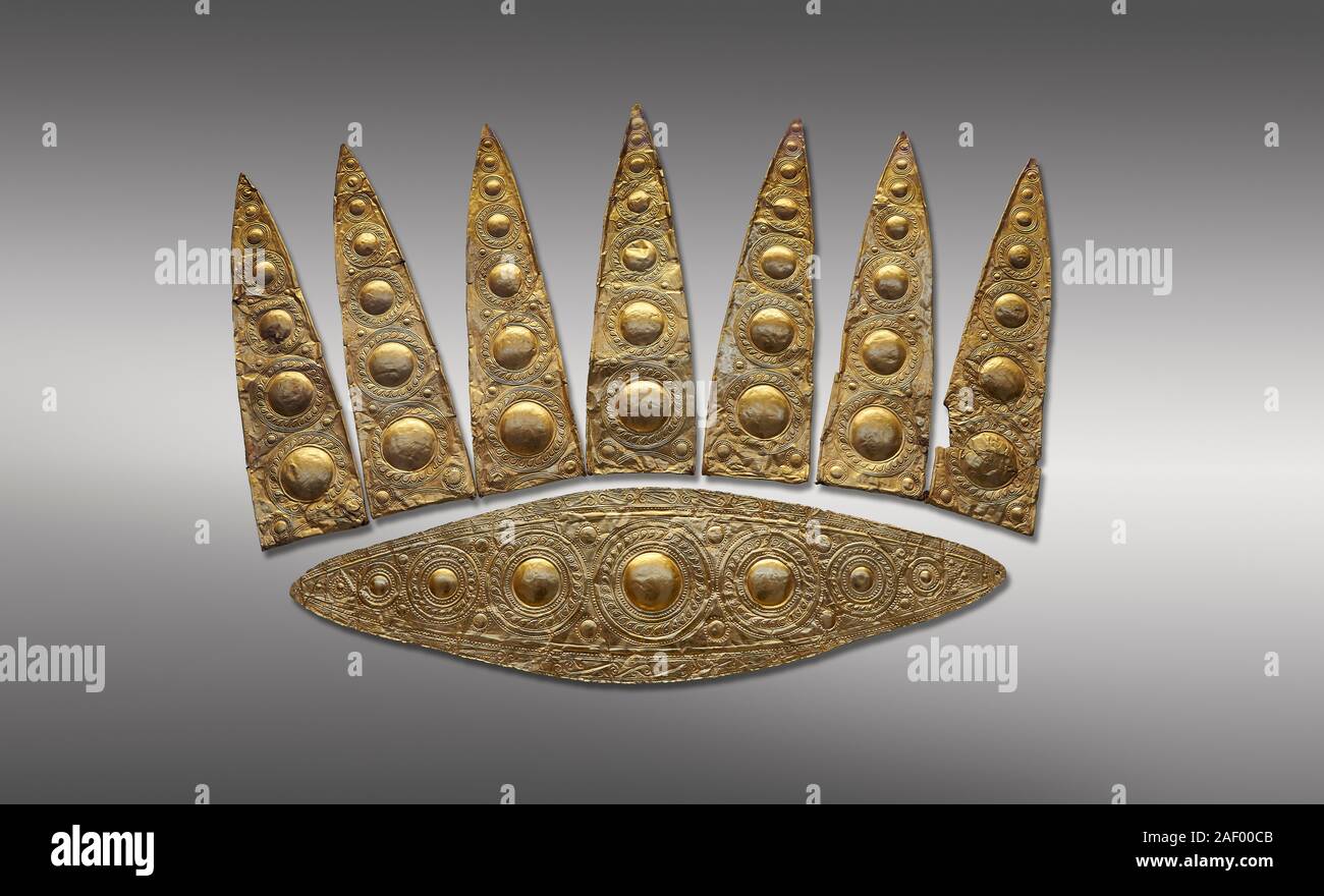 Top forme di lamina di oro micenea diadema da grave III, "Tomba di una donna", grave un cerchio, Myenae, Grecia. Museo Archeologico Nazionale di Atene. Foto Stock