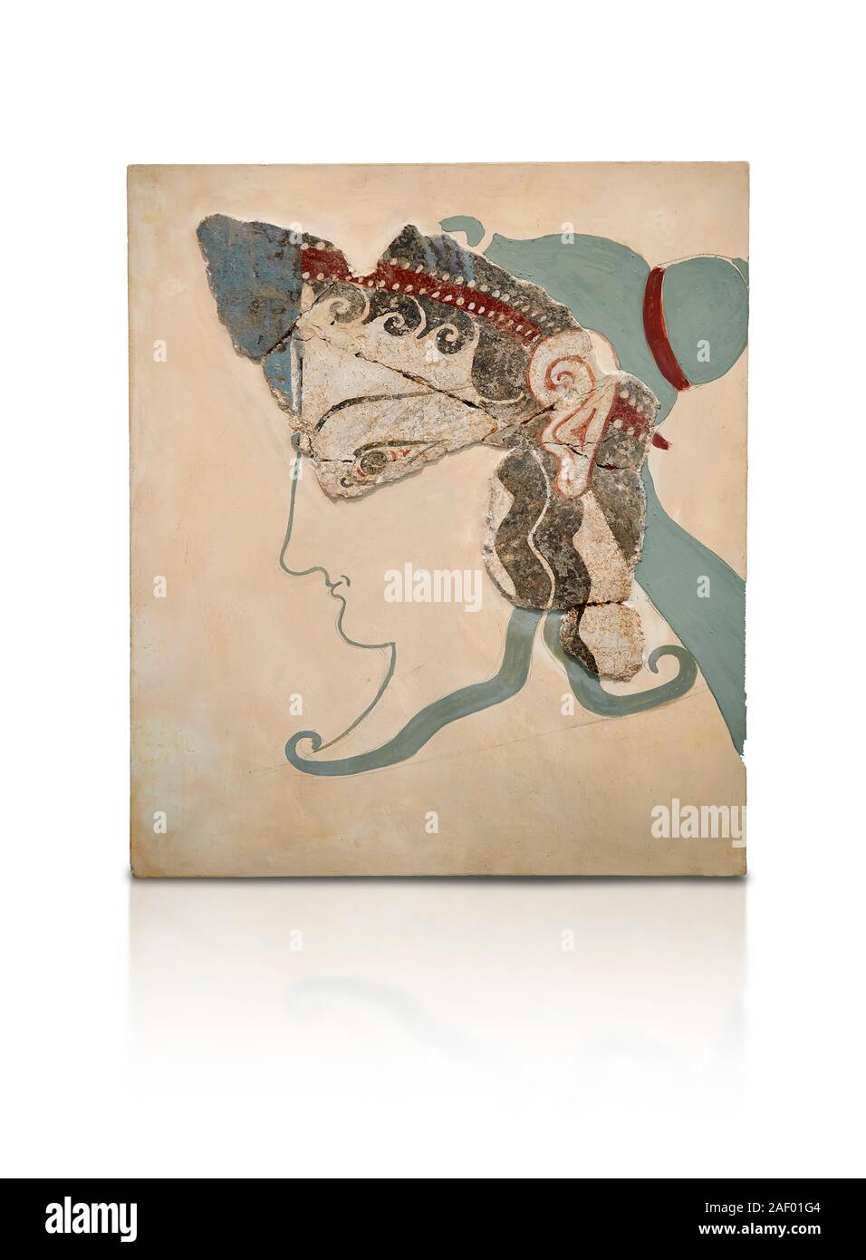Affresco micenea pittura murale di una Mycanaean donne offerte di cuscinetto, più tardi Palace, Tirinto, Grecia. Museo Archeologico di Atene. Sfondo bianco. Foto Stock