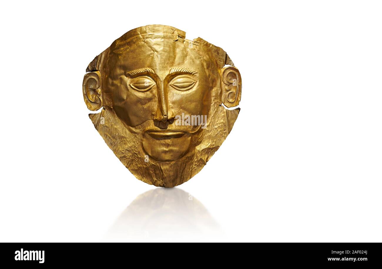 Oro micenea morte mask Maschera di Agamennone, Grave Cicle a Micene, Grecia.Museo Archeologico Nazionale di Atene. Sfondo bianco. La maschera fr Foto Stock